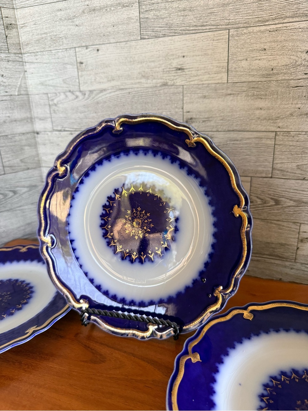 Vintage W H Grindley & Co Marquis Blue And Gold Plate, England set of 3